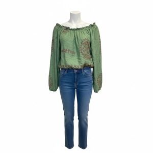 Boho Off Shoulder Peasant Top Green Festival Hippie Rayon Blouse M